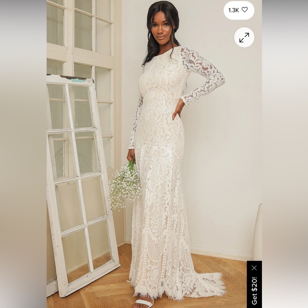 NWT Lulu's Say I Do White Lace Long Sleeve Mermaid Maxi Dress